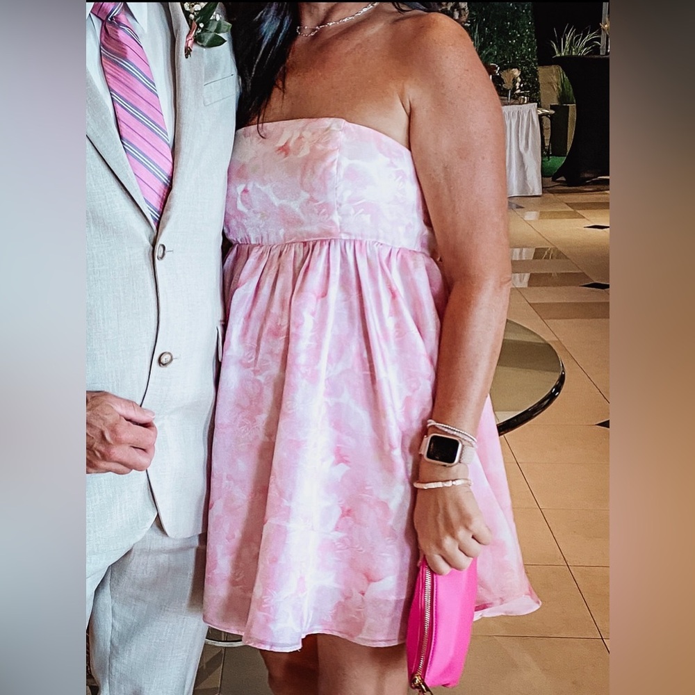 Cotton Candy Light Pink Floral Dress Flowy Short Party Wedding Evening Strapless